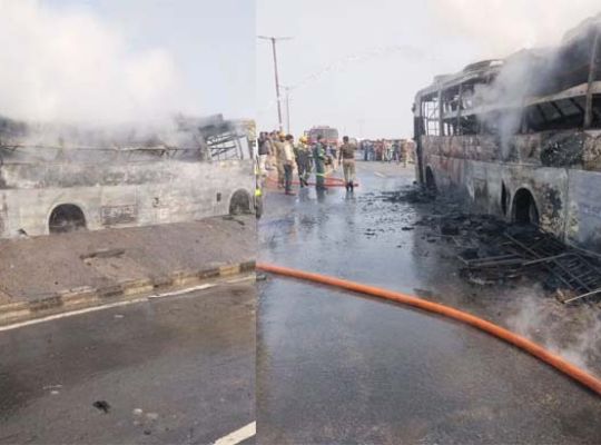 A double-decker bus burst into flames on the Kanpur Highway, causing panic.